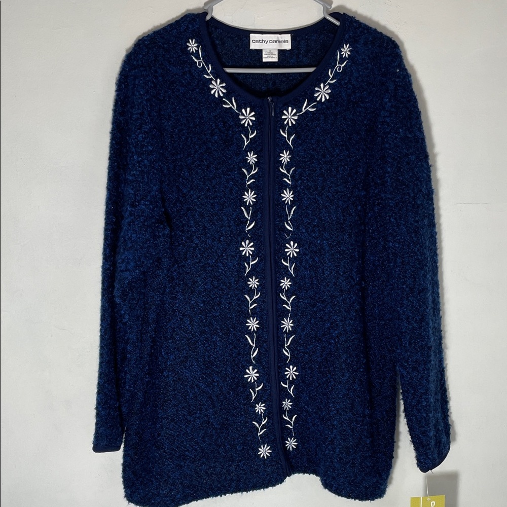 NWT Cathy Daniels Navy Blue Embroidered Cardigan 1X